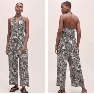 Anthropology Jumpsuit Black/Cream Romantic Goth Halter top Wide Leg Women’s S